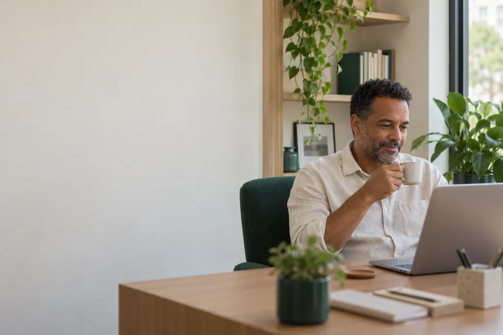 Dono de clínica olha o notebook no escritório, com uma xícara de café.