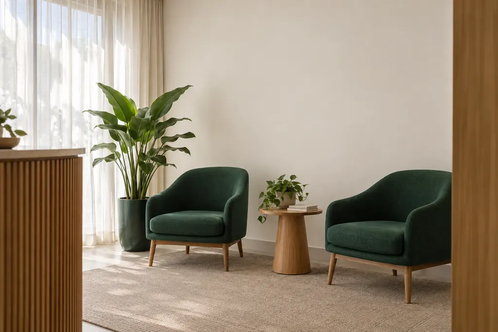Sala de espera clara, com poltronas verdes e plantas.
