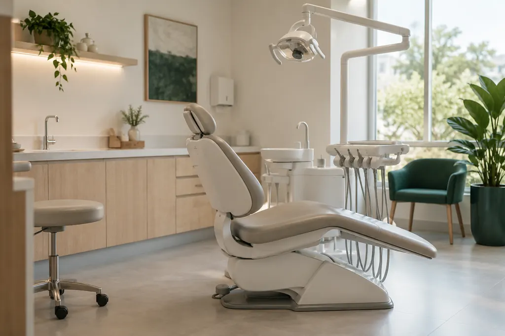 Consultório odontológico vazio, com cadeira e luz natural.