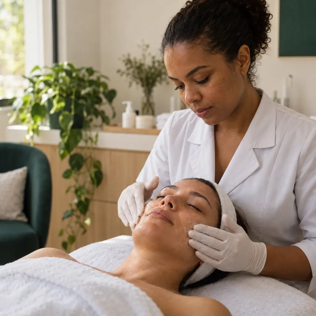 Esteticista faz uma limpeza de pele numa paciente deitada, numa sala clara.