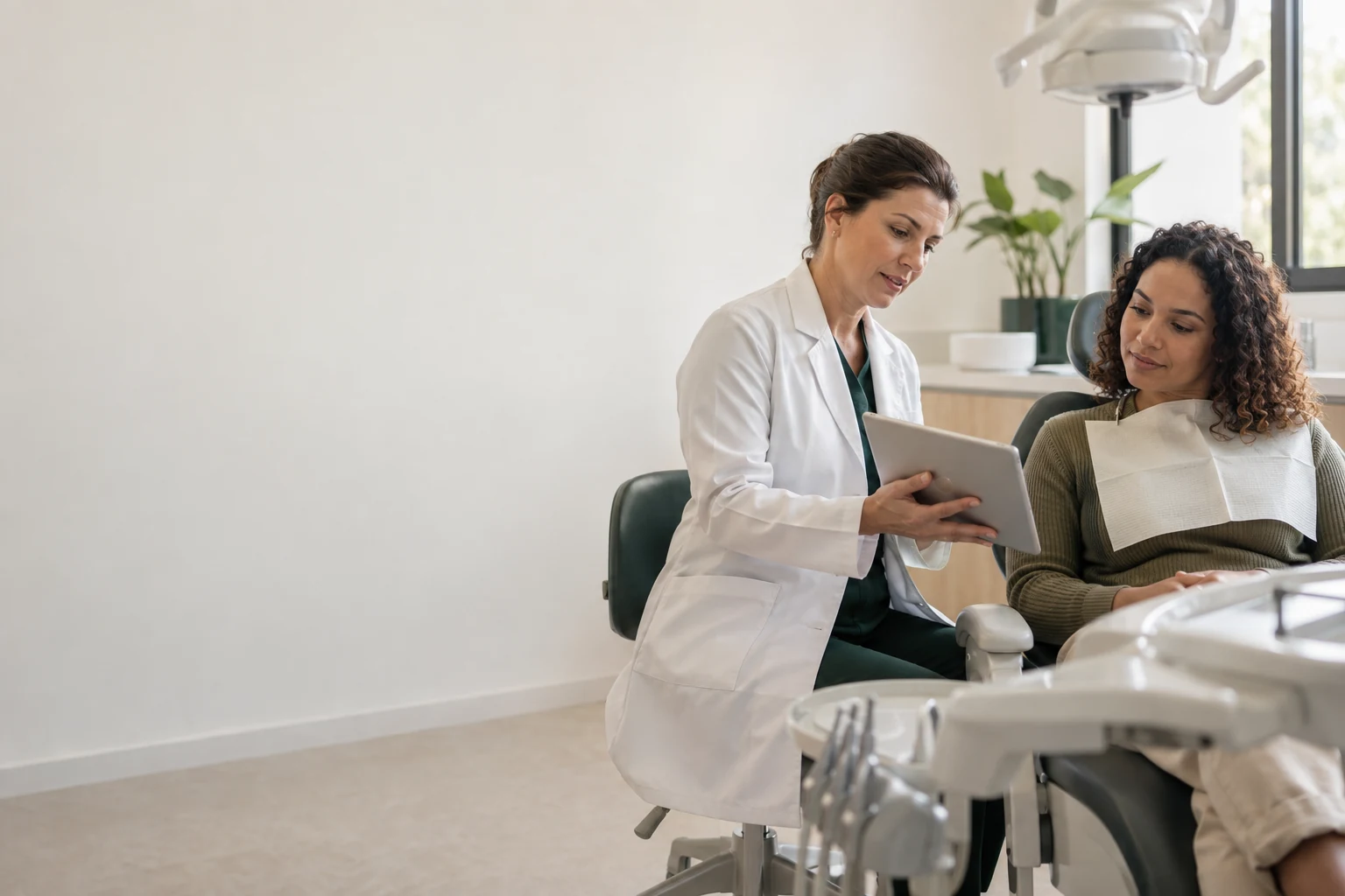 Dentista mostra o plano de tratamento num tablet para uma paciente sentada na cadeira.