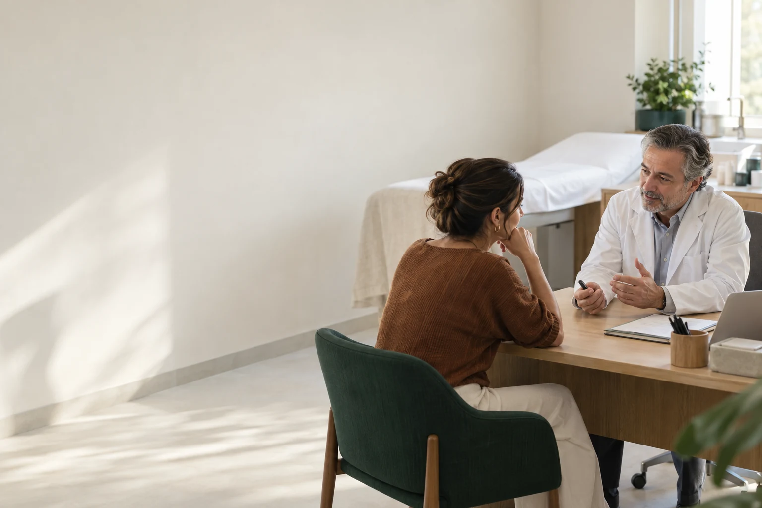 Médico conversa com uma paciente numa consulta de avaliação, num consultório claro.